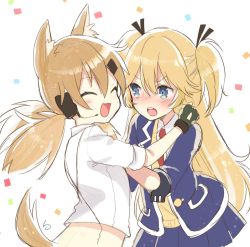 Rule 34 | 2girls, :3, animal ear fluff, animal ears, blazer, blue eyes, blue skirt, blush, cat ears, closed eyes, confetti, fang, girls&#039; frontline, gloves, hair ornament, hair ribbon, hairclip, headset, hiroichi, idw (girls&#039; frontline), jacket, long hair, multiple girls, necktie, no headwear, open clothes, open jacket, open mouth, pleated skirt, red neckwear, ribbon, shirt, short sleeves, skirt, super-shorty (girls&#039; frontline), two side up, upper body, white background, white shirt