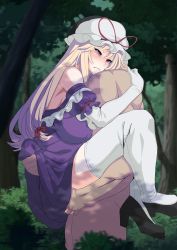 Rule 34 | 1boy, 1girl, anal, animated, animated gif, bare shoulders, black footwear, blonde hair, blush, breasts, closed mouth, clothed female nude male, clothed sex, dress, elbow gloves, frills, from side, gloves, hat, hat ribbon, hetero, high heels, highres, hug, leg lock, long hair, mob cap, nude, off-shoulder dress, off shoulder, outdoors, purple dress, purple eyes, rape, ribbon, sex, shoes, standing, suspended congress, tears, thighhighs, touhou, umezawa itte, white gloves, white headwear, white thighhighs, yakumo yukari