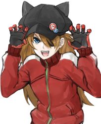 Rule 34 | 10s, 1girl, animal hat, black hat, blue eyes, cat hat, claw pose, evangelion: 3.0 you can (not) redo, eyepatch, fang, hands up, hat, jacket, madarame, neon genesis evangelion, rebuild of evangelion, simple background, solo, souryuu asuka langley, track jacket, white background