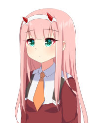 Rule 34 | 10s, 1girl, absurdres, arms at sides, blush, closed mouth, darling in the franxx, green eyes, highres, horns, ikazu401, jacket, long hair, long sleeves, looking away, necktie, orange necktie, pink hair, red jacket, short necktie, simple background, solo, very long hair, white background, zero two (darling in the franxx)