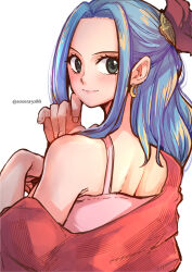 Rule 34 | 1girl, aosora2823, artist name, bare shoulders, black eyes, blue hair, blush, closed mouth, commentary, dress, earrings, flower, hair flower, hair ornament, highres, hoop earrings, jewelry, long hair, looking at viewer, looking back, nefertari vivi, one piece, pink dress, red flower, simple background, smile, solo, white background