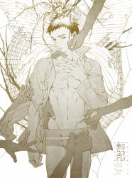 Rule 34 | 1boy, bug, butterfly, cutting, cutting clothes, hand in panties, hand on another&#039;s face, bug, male focus, marker, measuring, monochrome, muscular, open clothes, open shirt, original, panties, rei (sanbonzakura), scissors, shirt, silk, solo focus, spider, spider web, tape measure, underwear
