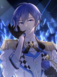 Rule 34 | 1boy, biting, black gloves, blue eyes, blue hair, blurry, blurry background, buttons, collared shirt, commentary, cross tie, epaulettes, glove biting, gloves, glowstick, highres, holding, holding microphone, kaito (vocaloid), long sleeves, looking at viewer, male focus, microphone, more more jump! (project sekai), more more jump! kaito, parang 99, penlight (glowstick), project sekai, shirt, short hair, sleeves past elbows, solo, star (symbol), sweat, teeth, upper body, vocaloid
