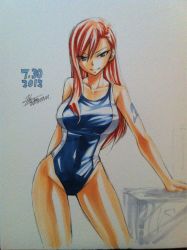 Rule 34 | 1girl, arm tattoo, bad id, bad twitter id, bare shoulders, brown eyes, competition swimsuit, cowboy shot, dated, erza scarlet, fairy tail, hair between eyes, long hair, mashima hiro, official art, one-piece swimsuit, red hair, signature, simple background, smile, solo, swimsuit, tattoo, traditional media