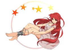 Rule 34 | 1girl, ankle cuffs, anklet, bare legs, barefoot, dress, feet, jewelry, long hair, magi the labyrinth of magic, morgiana, red hair, solo, very long hair, white dress