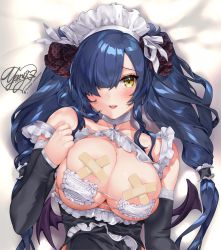 Rule 34 | 1girl, :d, areola slip, bandaid, bandaids on nipples, bare shoulders, bikini, blue hair, blush, breastless clothes, breasts, choker, cleavage, collarbone, demon girl, demon wings, dress, eyepatch bikini, hair over one eye, hand up, large breasts, long hair, looking at viewer, lucia (ogino atsuki), lying, maid, maid headdress, on back, open mouth, original, pasties, skindentation, smile, solo, swimsuit, twintails, wings, yanyo (ogino atsuki), yellow eyes