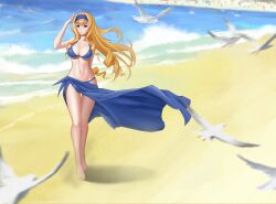 Rule 34 | 1girl, absurdres, arm behind back, beach, bikini, bird, blonde hair, blue bikini, blue eyes, breasts, cecilia alcott, cleavage, curvy, day, drill hair, feet, female focus, full body, hairband, highres, infinite stratos, large breasts, legs, light smile, long hair, navel, northman, outdoors, sarong, smile, solo, standing, swimsuit, thighs, walking, wide hips