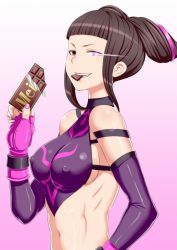 Rule 34 | 1girl, agatadaigo, breasts, candy, capcom, chocolate, covered erect nipples, fingerless gloves, food, gloves, glowing, glowing eyes, gradient background, grin, han juri, jewelry, mouth hold, nail polish, navel, pink background, purple eyes, sideboob, simple background, smile, spikes, street fighter, street fighter iv (series), tank top, white background