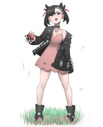 Rule 34 | 1girl, ankle boots, arm behind back, asymmetrical bangs, black choker, black footwear, black hair, black jacket, black nails, boots, breasts, choker, collarbone, commentary, creatures (company), dress, earrings, eyelashes, falling leaves, full body, game freak, grass, green eyes, hair ribbon, hand up, highres, holding, holding poke ball, jacket, jewelry, jourd4n, knees, leaf, long sleeves, looking at viewer, marnie (pokemon), nail polish, nintendo, off shoulder, open clothes, open jacket, open mouth, pink dress, poke ball, pokemon, pokemon swsh, red ribbon, ribbon, short hair, single earring, small breasts, solo, standing, teeth, tongue, twintails, upper teeth only, white background