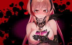Rule 34 | 1girl, :3, bare shoulders, blonde hair, blush, breasts, character name, cleavage, closed mouth, covering privates, covering breasts, girls&#039; frontline, headgear, heart, highres, jewelry, large breasts, long hair, looking at viewer, m4 sopmod ii (girls&#039; frontline), mechanical arms, multicolored hair, navel, nude, red eyes, red hair, ring, ryuu tou, scarf, single mechanical arm, smile, solo, streaked hair, upper body
