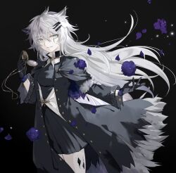 Rule 34 | 1girl, animal ear fluff, animal ears, arknights, black background, black capelet, black dress, black gloves, black jacket, breasts, capelet, dress, floating hair, flower, gloves, grey eyes, grey hair, hair between eyes, hair ornament, hairclip, hand up, highres, holding, itonatsu, jacket, lappland (arknights), lappland (refined horrormare) (arknights), long hair, long sleeves, looking at viewer, parted lips, petals, pocket watch, purple flower, purple rose, roman numeral, rose, signature, simple background, small breasts, solo, standing, very long hair, watch, wide sleeves