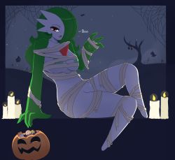 Rule 34 | 1girl, absurdres, arm support, arm up, bandages, basket, bat (animal), blue background, blue border, border, breasts, candle, candy, collarbone, creatures (company), duskull, english text, fire, food, full body, game freak, gardevoir, gen 1 pokemon, gen 3 pokemon, ghost, green hair, hair over one eye, half-closed eyes, halloween, halloween costume, highres, jack-o&#039;-lantern, lollipop, long hair, looking at viewer, medium breasts, night, night sky, nintendo, nipples, open mouth, pinkcappachino, pokemon, pokemon (creature), pokemon rse, pumpkin, red eyes, revealing clothes, shuppet, silk, sitting, sky, spider web, text focus, tombstone, tongue, tree, waving, zubat