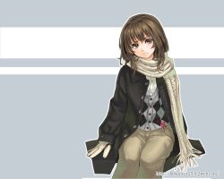 Rule 34 | 1girl, arms at sides, blush, brown eyes, brown hair, coat, frown, gloves, kurogin, looking at viewer, original, scarf, simple background, solo, sweater, sweater vest, two-tone background, upset, wallpaper, watermark, web address, winter clothes, winter coat