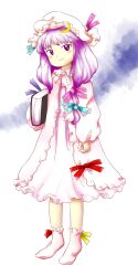 Rule 34 | 1girl, blue ribbon, book, closed mouth, crescent, dress, full body, hair ribbon, hat, hat ribbon, head tilt, highres, holding, holding book, long hair, long sleeves, mob cap, nonamejd, official style, patchouli knowledge, pink ribbon, purple eyes, purple hair, red ribbon, ribbon, ribbon legwear, smile, socks, solo, touhou, tress ribbon, white dress, white hat, white socks, yellow ribbon, zun (style)