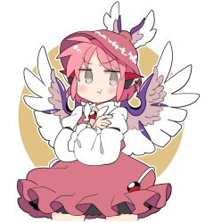 Rule 34 | 1girl, animal ears, bird ears, bird wings, blush, brown dress, brown hat, closed mouth, collared shirt, cowboy shot, dress, earrings, frilled dress, frilled sleeves, frills, grey eyes, hat, highres, ini (inunabe00), jewelry, long sleeves, mystia lorelei, pink hair, pout, shirt, short hair, single earring, sleeve garter, solo, touhou, white shirt, white wings, winged hat, wings