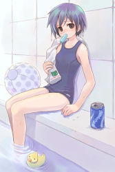 Rule 34 | 1girl, against wall, ball, beachball, blue hair, can, drink can, food, kuga tsukasa, mouth hold, one-piece swimsuit, original, pool, poolside, popsicle, ripples, rubber duck, school swimsuit, short hair, sitting, soaking feet, soda can, solo, swimsuit, towel, water