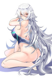 Rule 34 | 1girl, absurdres, ass, azur lane, blush, breasts, from side, graf zeppelin (azur lane), hair between eyes, hey taisyou, highres, kneeling, large breasts, long hair, looking at viewer, looking back, messy hair, one-piece swimsuit, red eyes, shadow, sideboob, simple background, solo, swimsuit, thighs, very long hair, white background, white hair