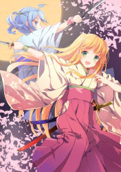 Rule 34 | 2girls, :d, ahoge, amico, blonde hair, blue eyes, blue hair, blush, cherry blossoms, fighting stance, from behind, green eyes, hakama, hakama skirt, holding, holding sword, holding weapon, japanese clothes, kimono, lilco, long hair, looking at viewer, multiple girls, open mouth, original, profile, red hakama, sheath, sheathed, skirt, smile, sword, twintails, two side up, unsheathed, weapon, wide sleeves, wrist cuffs, yumekui