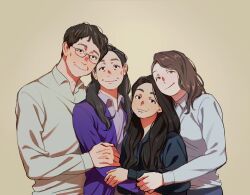 Rule 34 | 1boy, 3girls, becky sregor, black eyes, black hair, blue hoodie, brown eyes, brown hair, collared shirt, dododdoddo121, evelyn quan wong, everything everywhere all at once, glasses, heads together, highres, hood, hoodie, hug, joy wong, korean commentary, light smile, long hair, looking at viewer, michelle yeoh, mole, mole above mouth, multiple girls, shirt, short hair, simple background, smile, sweater, waymond wang