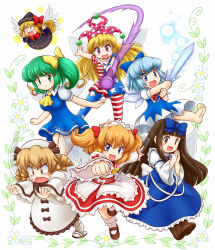Rule 34 | 6+girls, :d, american flag dress, american flag legwear, american flag shirt, ascot, barefoot, black dress, blonde hair, blue dress, blue eyes, blue hair, blush, boots, bow, breasts, brown footwear, brown hair, capelet, cirno, clenched hand, clownpiece, constricted pupils, crystal sword, daiyousei, dress, drill hair, fairy wings, fang, flat chest, flower, frilled dress, frills, green eyes, green hair, hair bow, happy, hat, hat bow, headdress, hime cut, ice, ice wings, jester cap, lily black, lily white, long hair, long sleeves, looking at viewer, luna child, mary janes, multiple girls, nitamago, open hand, open mouth, outstretched arm, outstretched arms, own hands together, pantyhose, purple eyes, red dress, sandals, shoes, short dress, short hair, short sleeves, side ponytail, smile, star sapphire, sunny milk, sweatdrop, sword, touhou, tripping, two side up, very long hair, weapon, wings