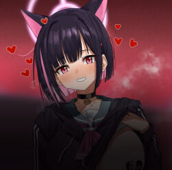 Rule 34 | 1girl, animal ears, black choker, black hair, black jacket, blue archive, blush, breasts, cat ears, choker, colored inner hair, feipin zhanshi, green sailor collar, halo, jacket, kazusa (blue archive), large breasts, long sleeves, multicolored hair, pink hair, pink halo, red eyes, sailor collar, short hair, solo, upper body