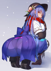 Rule 34 | &gt;:o, 1girl, :o, aged up, ass, black footwear, black hat, black pantyhose, blue hair, blue skirt, breasts, brown gloves, food, fruit, full body, gloves, hat, highres, hinanawi tenshi, large breasts, leaf, long hair, looking at viewer, looking back, neropaso, open mouth, pantyhose, peach, rainbow order, red eyes, red scarf, scarf, see-through, shoes, skirt, solo, squatting, touhou, undershirt, v-shaped eyebrows