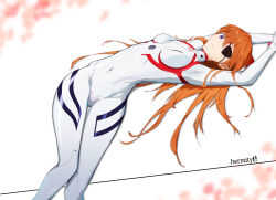 Rule 34 | 1girl, absurdres, arms behind head, blue eyes, bodysuit, breasts, covered navel, evangelion: 3.0+1.0 thrice upon a time, expressionless, eyepatch, hermityy, highres, long hair, looking at viewer, lying, medium breasts, neon genesis evangelion, orange hair, plugsuit, rebuild of evangelion, shiny clothes, shiny skin, skin tight, solo, souryuu asuka langley, two side up, very long hair, water, white bodysuit