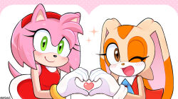 2girls ;d amy_rose animal_ears bare_shoulders blush brown_eyes brown_fur closed_mouth commentary cream_the_rabbit dress eyelashes furry furry_female gloves green_eyes hairband heart heart_hands heart_hands_duo hobi_(4622j) looking_at_viewer multiple_girls one_eye_closed open_mouth orange_dress pink_fur rabbit_ears red_dress red_hairband sleeveless sleeveless_dress smile sonic_(series) symbol-only_commentary tail twitter_username white_gloves