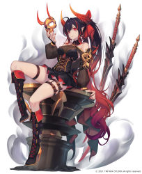 Rule 34 | 1girl, ahoge, arcana tactics, arm support, baek hyang, bare shoulders, black hair, boots, breasts, chain, character request, covered navel, demon girl, demon horns, ear piercing, floating, floating object, floating weapon, full body, gradient hair, high heel boots, high heels, streaked hair, highres, holding, holding mask, horns, korean commentary, long hair, mask, medium breasts, miniskirt, multicolored hair, piercing, pointy ears, ponytail, red eyes, red hair, simple background, sitting, skirt, solo, sword, thigh strap, two-tone hair, very long hair, weapon, white background