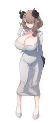 Rule 34 | 1girl, aningay, blush, breasts, brown eyes, brown hair, cleavage, collarbone, commentary request, covered navel, cropped jacket, dongtan dress, full body, grey footwear, grey jacket, hair over one eye, highres, horns, jacket, korean commentary, large breasts, long hair, looking at viewer, meme attire, open clothes, open jacket, original, pointy ears, shoes, simple background, smile, solo, standing, white background