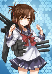 Rule 34 | 10s, 1girl, bad id, bad pixiv id, blush, brown eyes, brown hair, clenched hands, folded ponytail, inazuma (kancolle), kantai collection, looking at viewer, matsuryuu, personification, school uniform, serafuku, short hair, skirt, smile, solo