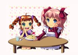 Rule 34 | 2girls, :d, ahoge, apron, blue eyes, blush, braid, brown hair, choker, enoo, extra, food, fried rice, green eyes, hair ornament, hair ribbon, hairpin, happy, jewelry, kneeling, long hair, multiple girls, open mouth, pantyhose, pink hair, plate, raquel applegate, ribbon, rice, shirt, short twintails, simple background, smile, table, twintails, two side up, unnamed daughter (wild arms), unnamed girl (wild arms), wild arms, wild arms 4