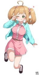 Rule 34 | 1girl, ;q, ahoge, bare legs, blonde hair, blush, bow, breasts, cardigan, commission, dated, folded, full body, green cardigan, hair bow, heart, highres, idolmaster, idolmaster cinderella girls, large breasts, myeolchi, one eye closed, pink shirt, pink skirt, sato shin, shirt, signature, simple background, skirt, solo, tongue, tongue out, twintails, v, white background