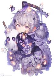 Rule 34 | 1girl, artist name, axe, barefoot, black flower, blush, braid, chibi, commentary, cropped legs, feet out of frame, flower, ghost, grey hair, hair flower, hair ornament, hairpin, heart, heart stickers, highres, looking at viewer, low twintails, needle, notebook, original, parted lips, patch, pom pom (clothes), purple eyes, purple flower, ryota (ry o ta), short twintails, signature, simple background, sleeves past fingers, sleeves past wrists, solo, sticker, symbol-only commentary, tears, twintails, white background, white flower