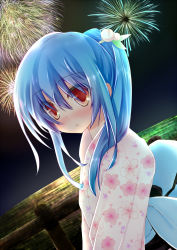 Rule 34 | 1girl, aerial fireworks, alternate costume, alternate hairstyle, blue hair, female focus, fireworks, floral print, food, fruit, highres, hinanawi tenshi, imachi (staccato squirrel), japanese clothes, kimono, long hair, looking at viewer, peach, ponytail, red eyes, solo, touhou