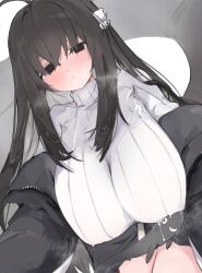 Rule 34 | 1girl, black eyes, black hair, black jacket, blush, breasts, breath, cetacean tail, fins, fish tail, hair ornament, highres, huge breasts, jacket, lactation, lactation through clothes, long hair, looking at viewer, md5 mismatch, mikozin, original, ribbed sweater, shark tail, solo focus, sweater, tail, turtleneck, turtleneck sweater, webp-to-png conversion, whale girl, white sweater