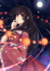 Rule 34 | 1girl, absurdres, black hair, bow, breasts, dress, finger in own mouth, floral print, full moon, hand in mouth, hand on another&#039;s face, hand on own chin, hand on own face, hand to own mouth, highres, houraisan kaguya, hujitaumi, japanese clothes, long hair, long sleeves, looking at viewer, moon, red eyes, ribbon, skirt, skirt set, smile, solo, touhou, upper body, very long hair, wide sleeves