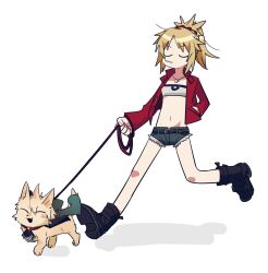 Rule 34 | 1girl, animal, black footwear, blonde hair, boots, closed eyes, denim, denim shorts, dog, fang, fate/apocrypha, fate/grand order, fate (series), full body, hair ornament, hair scrunchie, hand in pocket, highres, holding, holding leash, jacket, jekyll and hyde (fate), jewelry, leash, mordred (fate), mordred (memories at trifas) (fate), mouth hold, necklace, open clothes, open jacket, open mouth, pet walking, ponytail, red jacket, red scrunchie, scrunchie, short shorts, shorts, simple background, u u, uotsu (sabakou), white background