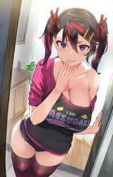 Rule 34 | 1girl, ariduka formica, bare shoulders, black hair, black thighhighs, breasts, cleavage, covering own mouth, grin, hair ornament, hair ribbon, hairclip, hand over own mouth, hews, large breasts, looking at viewer, multicolored hair, purple eyes, red hair, ribbon, sharp teeth, shirt, short shorts, shorts, smile, solo, standing, streaked hair, t-shirt, teeth, thighhighs, twintails, virtual ant channel, virtual youtuber