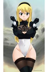 Rule 34 | 1girl, absurdres, black gloves, black thighhighs, blonde hair, boots, breasts, brown eyes, cleavage, cosplay, covered navel, curvy, fairy tail, gaston18, gloves, groin, hairband, highleg, highleg leotard, highres, large breasts, leotard, lips, long hair, lucy heartfilia, nier (series), nier:automata, solo, thigh gap, thighhighs, thighhighs under boots, white leotard, wide hips, 2b (nier:automata), 2b (nier:automata) (cosplay)