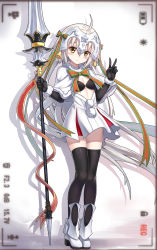 Rule 34 | 1girl, black gloves, black thighhighs, blonde hair, camera lens, chunrijun (springer), elbow gloves, fate/grand order, fate (series), gloves, guangfu bao tong meng0-0, hair ribbon, headpiece, highres, jeanne d&#039;arc (fate), jeanne d&#039;arc alter (fate), jeanne d&#039;arc alter santa lily (fate), long hair, looking at viewer, ribbon, simple background, solo, thighhighs, v, yellow eyes