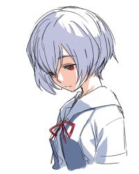 Rule 34 | 1girl, ayanami rei, closed mouth, looking down, neck ribbon, neon genesis evangelion, purple hair, red eyes, red ribbon, ribbon, shirt, short hair, simple background, solo, tachibana roku, upper body, white background, white shirt