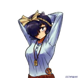 Rule 34 | 1girl, arms behind head, asymmetrical breasts, black eyes, black hair, breasts, commentary, commission, english commentary, frown, hairband, highres, kaibootsu, lanyard, large breasts, nazo no kanojo x, scissors, short hair, signature, solo, upper body, urabe mikoto