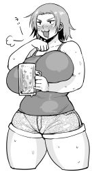Rule 34 | 1girl, :3, alcohol, bad id, bad tumblr id, beer, beer mug, breasts, cup, curvy, drunk, freckles, greyscale, highres, huge breasts, long hair, monochrome, mug, short shorts, shorts, simple background, solo, synecdoche, thick thighs, thighs, v-shaped eyebrows, white background
