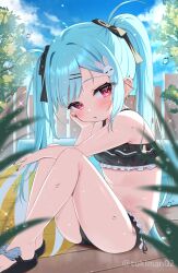 Rule 34 | 1girl, bare arms, bare legs, bare shoulders, bikini, black bikini, black bow, black footwear, black nails, blue hair, blue sky, blush, bow, cloud, commentary request, day, ear piercing, frilled bikini, frills, hair bow, hair ornament, hairclip, hand up, highres, kanae (tsukiman), knees up, long hair, looking at viewer, nail polish, original, outdoors, parted bangs, parted lips, piercing, rabbit hair ornament, red eyes, sandals, sky, solo, swimsuit, tsukiman, twintails, twitter username, very long hair, water drop, wet, wet hair
