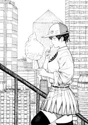 Rule 34 | 1girl, :p, baseball cap, building, candy, cotton candy, cowboy shot, fingernails, food, from side, greyscale, hat, hatching (texture), highres, holding, lollipop, long sleeves, miniskirt, monochrome, original, outdoors, pleated skirt, profile, railing, shirt, short hair, skirt, skyscraper, solo, thighhighs, tongue, tongue out, y naf, zettai ryouiki
