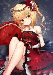 Rule 34 | 1girl, absurdres, arm strap, blonde hair, breasts, crossed legs, dress, flandre scarlet, flower, gloves, hair flower, hair ornament, highres, light smile, looking at viewer, one side up, petite, pillow, red dress, red eyes, rose, sea scorpion (umisasori), sitting, small breasts, solo, strapless, strapless dress, touhou, white gloves