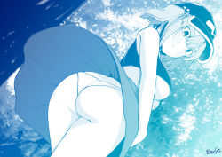 Rule 34 | 1girl, accidental exposure, ass, blue theme, blush, breasts, closed mouth, commentary request, cowboy shot, flat cap, forest, from behind, hair bobbles, hair ornament, hat, highres, kagiyama shachou, kawashiro nitori, large breasts, looking at viewer, looking back, medium hair, monochrome, nature, outdoors, panties, sidelocks, solo, touhou, tree, two side up, underboob, underwear, wind, wind lift