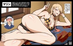 Rule 34 | 1boy, 1girl, absurdres, ass, barbell piercing, bead bracelet, beads, bikini, black bikini, black choker, blonde hair, blush, bracelet, breasts, choker, cleavage, colored tips, commentary, ear piercing, earrings, english commentary, fake nails, feet, floral print, foot out of frame, gojou wakana, grin, gyaru, highres, industrial piercing, jewelry, kitagawa marin, large breasts, legs, long hair, mikey pie, multicolored hair, piercing, pink nails, print bikini, red eyes, smile, sono bisque doll wa koi wo suru, swimsuit, thighs, toenails, toes, translation request