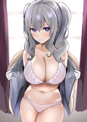 Rule 34 | 1girl, absurdres, blush, bra, breasts, cleavage, commentary request, curtains, enishi96, gloves, hair between eyes, highres, jacket, kantai collection, kashima (kancolle), large breasts, long hair, looking at viewer, open clothes, open jacket, panties, parted lips, sidelocks, solo, twintails, underwear, white bra, white gloves, white panties, window